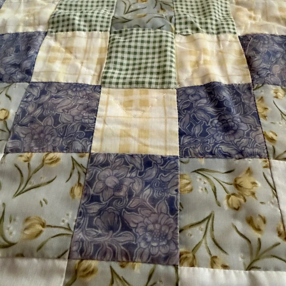 Vintage pillow shams Quilted Set of 2 Blue Yellow Floral Patchwork Cottagecore